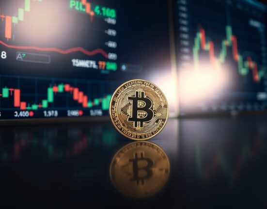 Bitcoin coin on reflective surface with financial charts in background, representing market analysis and price prediction.