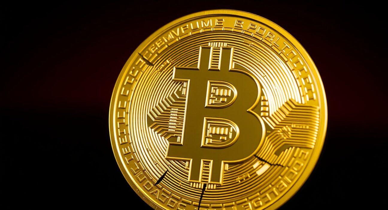 Fragmented Bitcoin symbol against dark background with red lighting, representing market volatility and liquidation risk.