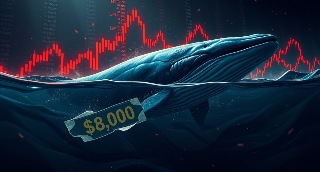 Digital whale swimming through ocean of red candlestick charts symbolizing Bitcoin selling pressure.
