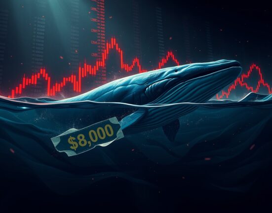 Digital whale swimming through ocean of red candlestick charts symbolizing Bitcoin selling pressure.