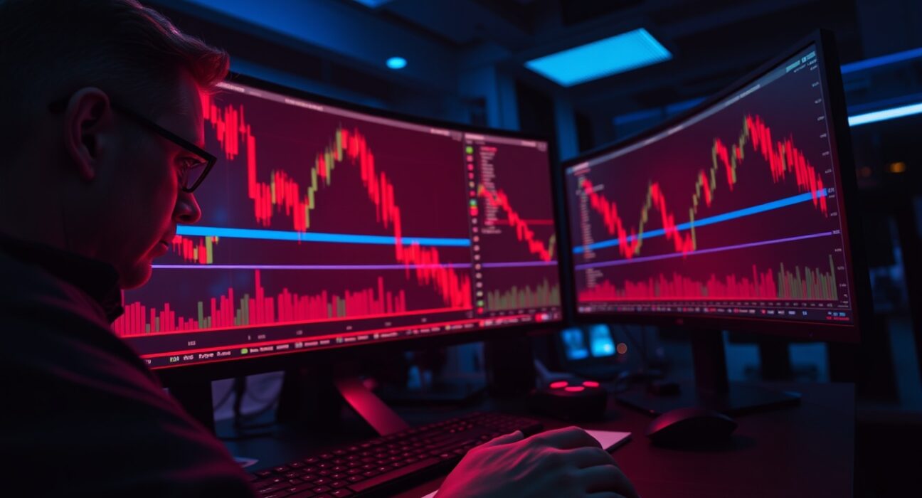Cryptocurrency trading desk with monitors showing falling Bitcoin price charts in red.