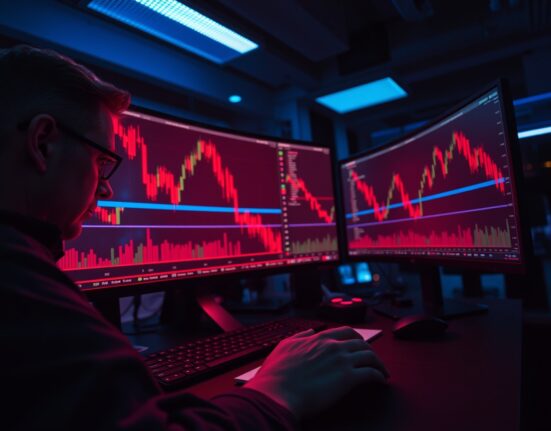 Cryptocurrency trading desk with monitors showing falling Bitcoin price charts in red.