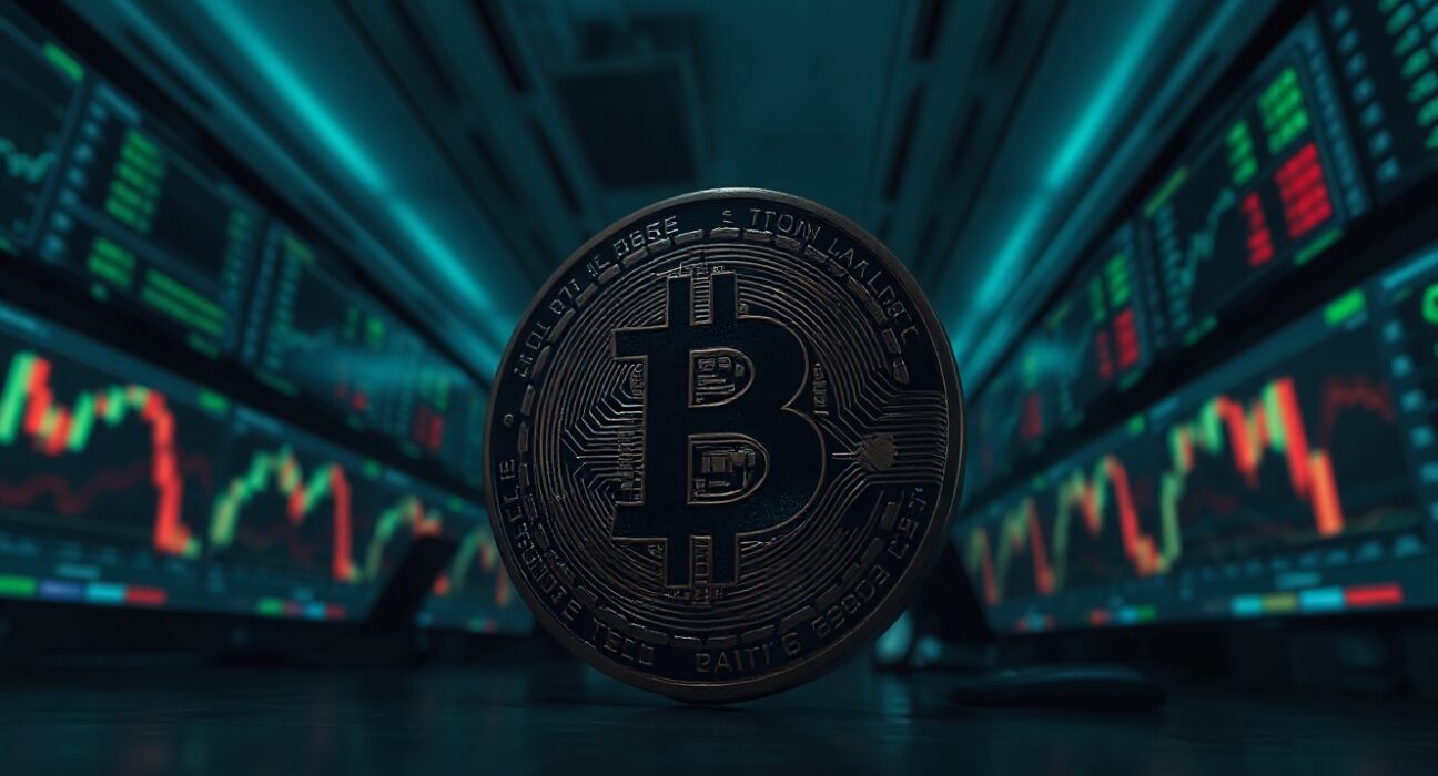 Bitcoin coin in focus against blurred trading charts on monitors
