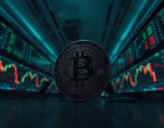 Bitcoin coin in focus against blurred trading charts on monitors