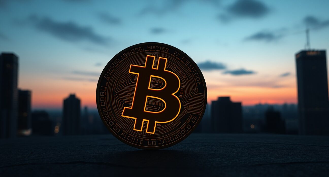 Fractured Bitcoin coin on dark surface with financial district skyline in background, symbolizing price drop risk.