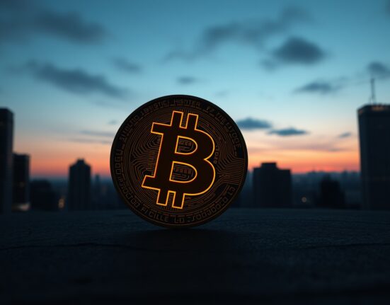 Fractured Bitcoin coin on dark surface with financial district skyline in background, symbolizing price drop risk.