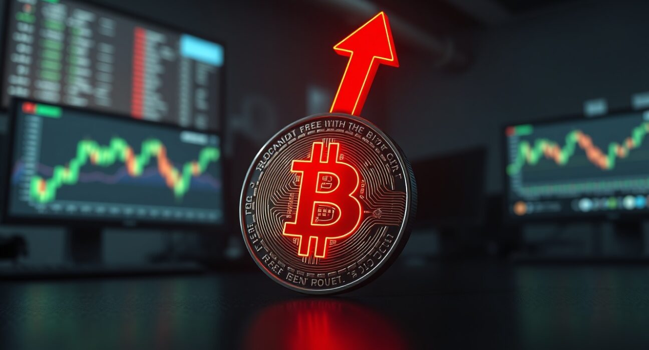 Bitcoin coin with red downward arrow and price chart background representing a potential BTC drop warning.