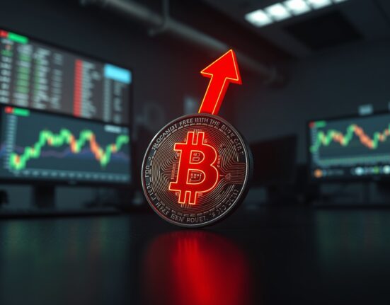 Bitcoin coin with red downward arrow and price chart background representing a potential BTC drop warning.