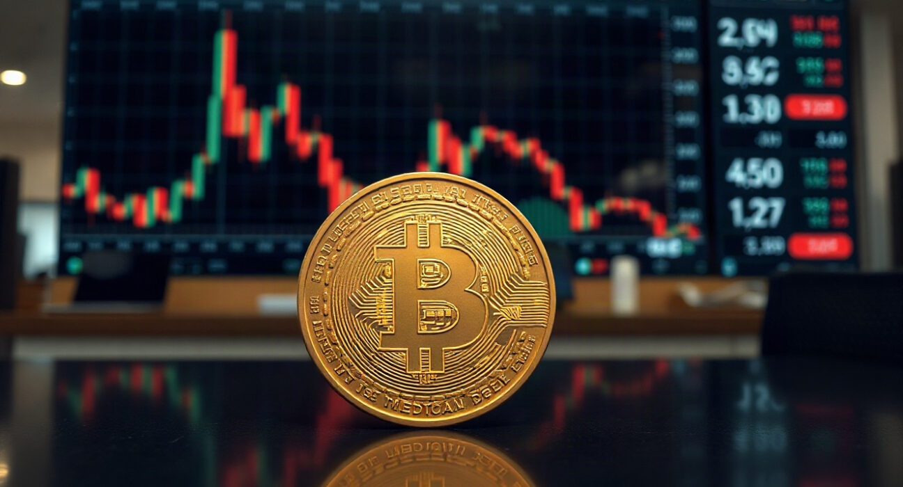 Bitcoin coin with downward price chart in background