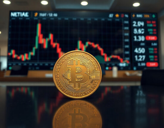 Bitcoin coin with downward price chart in background