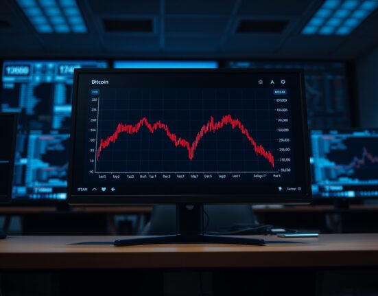 Bitcoin price chart showing a decline below $59,000 on a trading screen