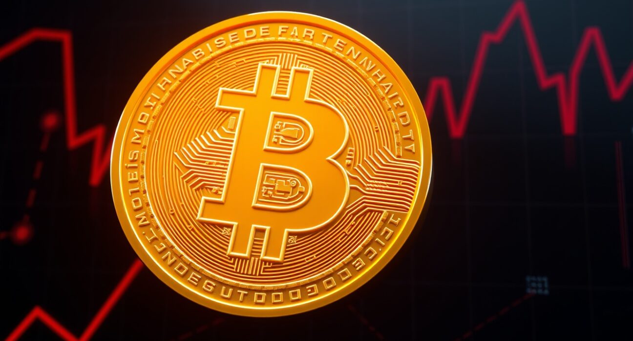 Bitcoin coin icon with red downward trend lines representing price drop below $60,000.