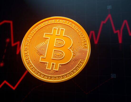 Bitcoin coin icon with red downward trend lines representing price drop below $60,000.