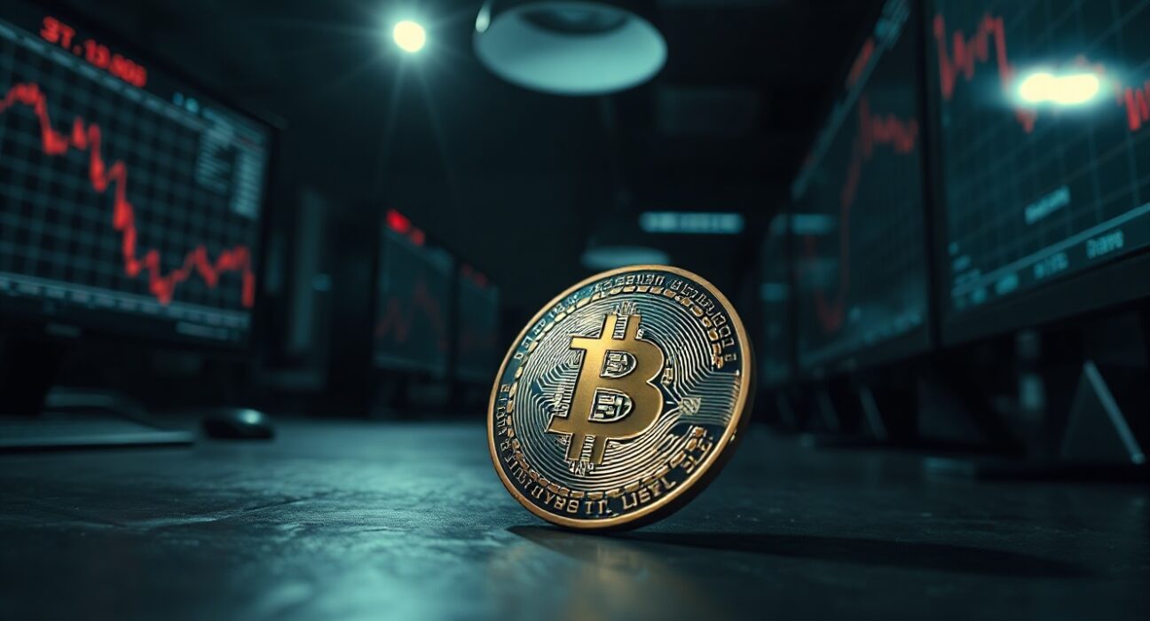 Bitcoin coin on reflective surface with dim trading floor background and red chart monitors.
