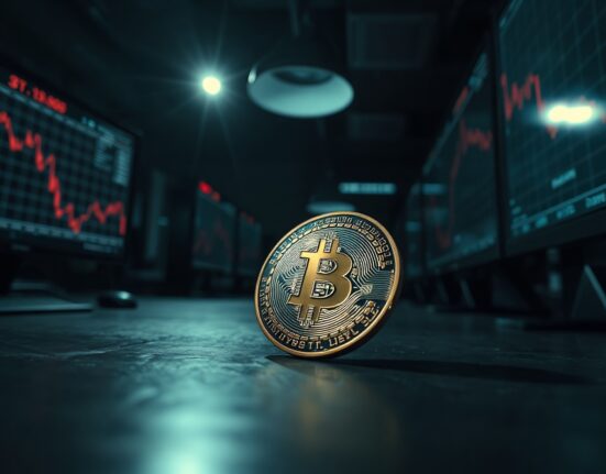 Bitcoin coin on reflective surface with dim trading floor background and red chart monitors.