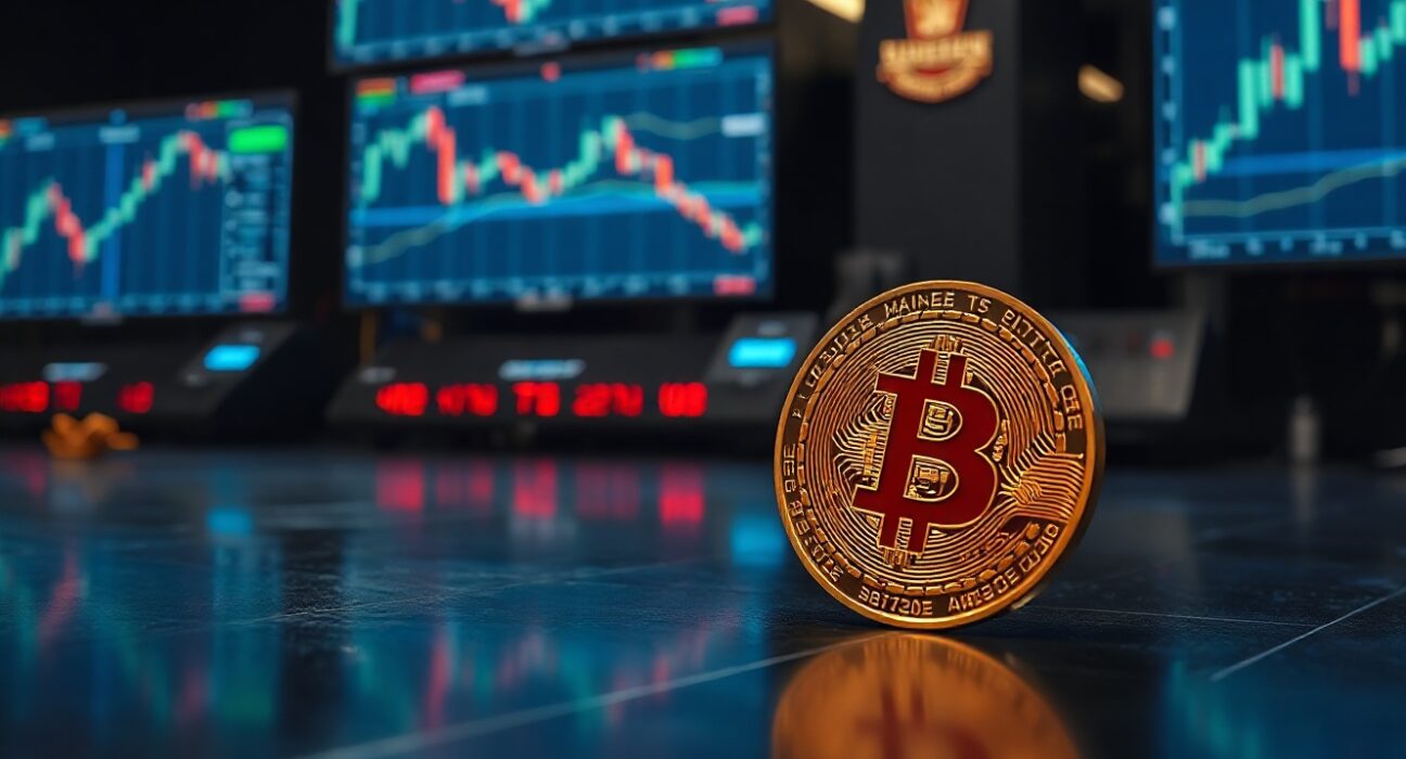Bitcoin coin on reflective surface with red trading charts in background indicating price decline