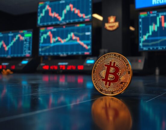 Bitcoin coin on reflective surface with red trading charts in background indicating price decline