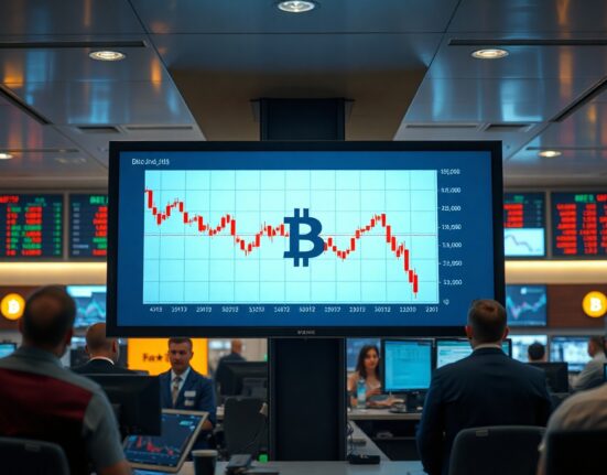 Bitcoin price chart showing a decline below $63,000 on a trading screen