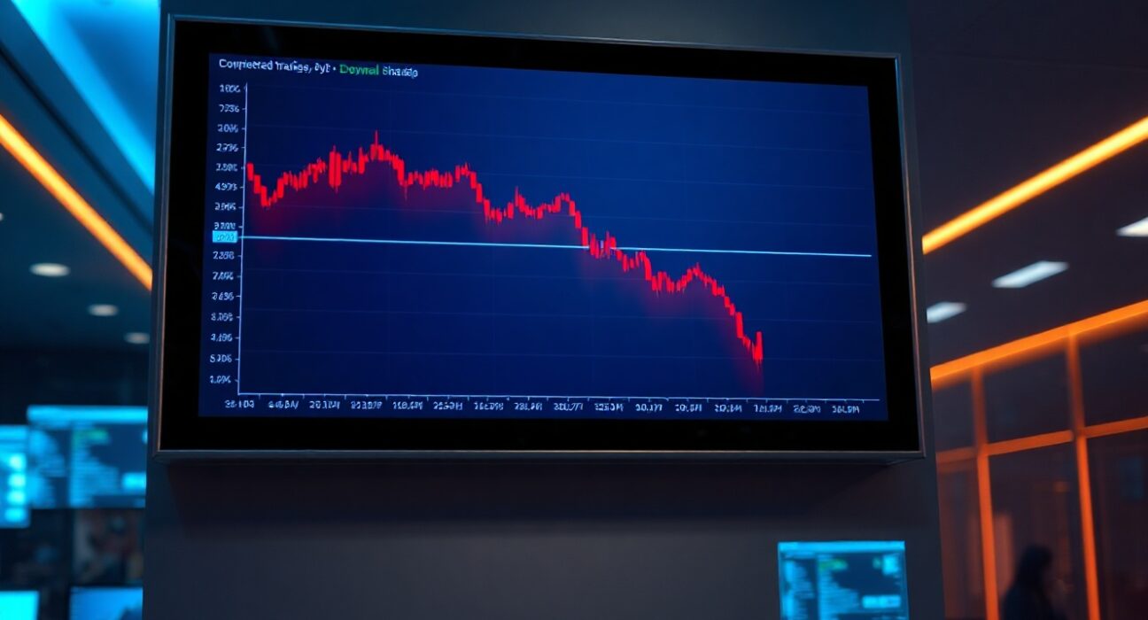 Bitcoin price chart showing a sharp decline below $63,000 on a trading screen in a professional office setting.