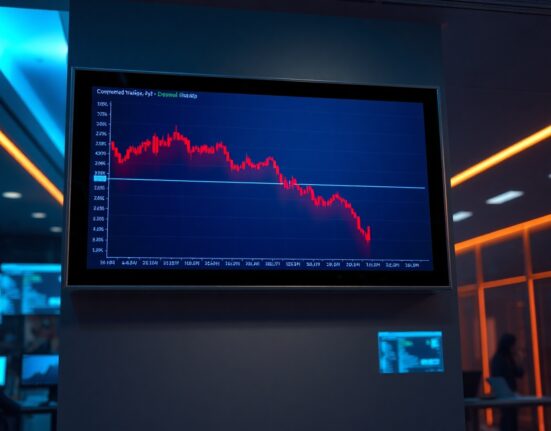 Bitcoin price chart showing a sharp decline below $63,000 on a trading screen in a professional office setting.