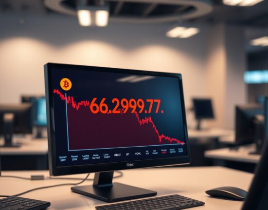 Bitcoin price chart showing a drop below $63,000 on a trading screen.
