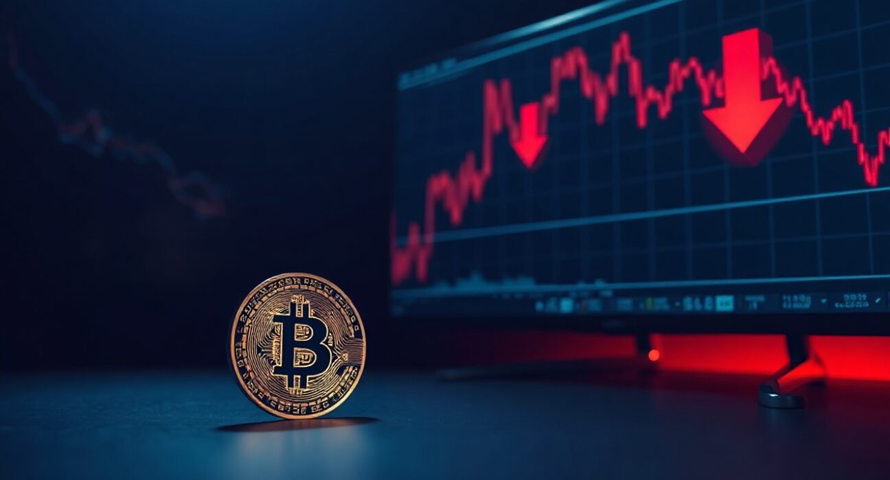 Bitcoin coin in foreground with red downward chart on background screen, indicating price drop.