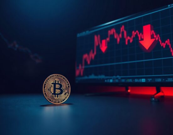 Bitcoin coin in foreground with red downward chart on background screen, indicating price drop.