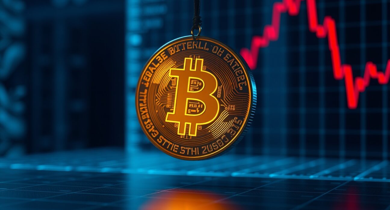 Bitcoin coin with a downward red chart in a dark digital background