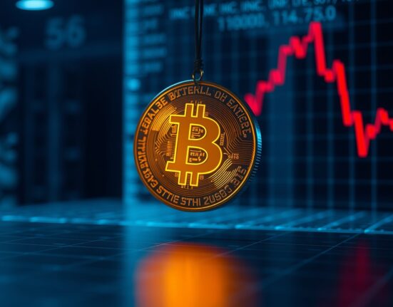 Bitcoin coin with a downward red chart in a dark digital background