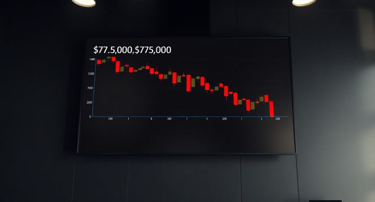 Bitcoin price chart showing drop below $75,000 on a trading screen in a dark newsroom setting