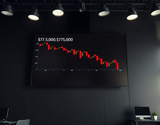 Bitcoin price chart showing drop below $75,000 on a trading screen in a dark newsroom setting