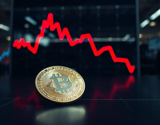 Bitcoin coin with red declining chart in background
