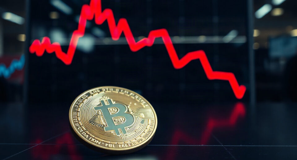 Bitcoin coin with red declining chart in background