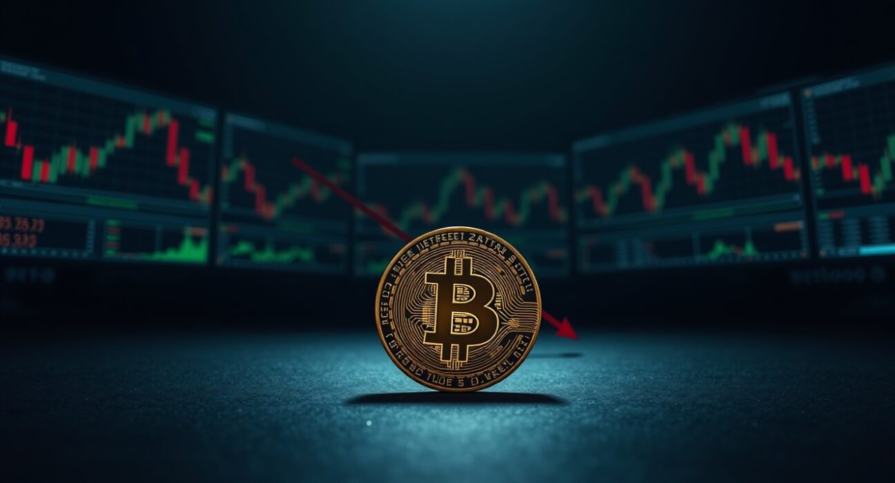Bitcoin coin on dark surface with red shadow and chart monitors in background