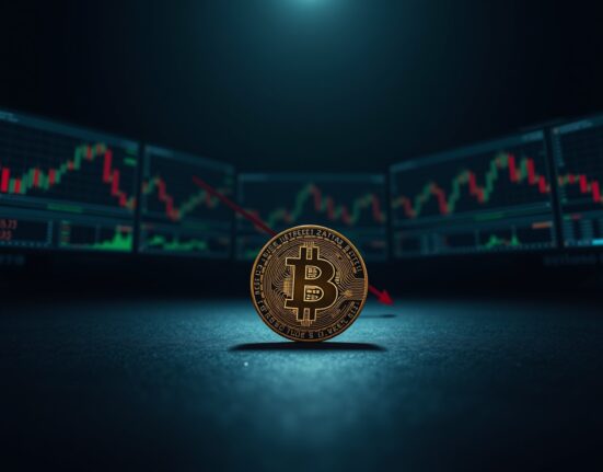 Bitcoin coin on dark surface with red shadow and chart monitors in background