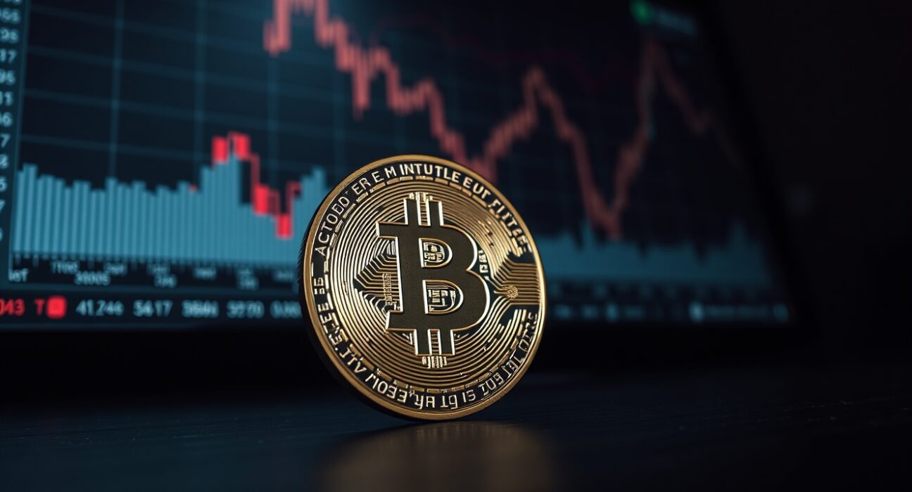 Bitcoin coin on dark surface with a downward-trending chart in the blurred background.