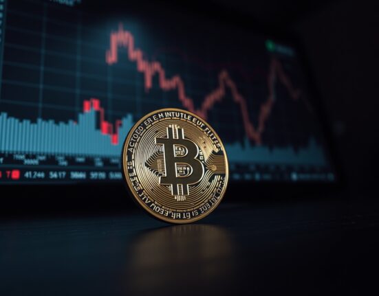 Bitcoin coin on dark surface with a downward-trending chart in the blurred background.