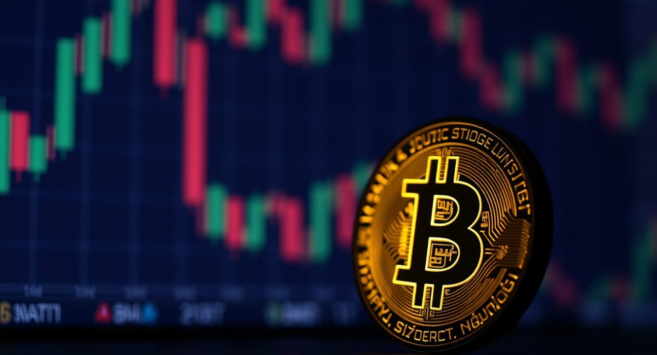 Bitcoin coin in shadow with market charts in background