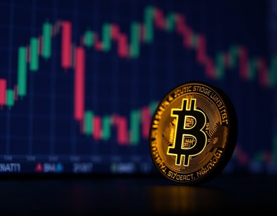 Bitcoin coin in shadow with market charts in background