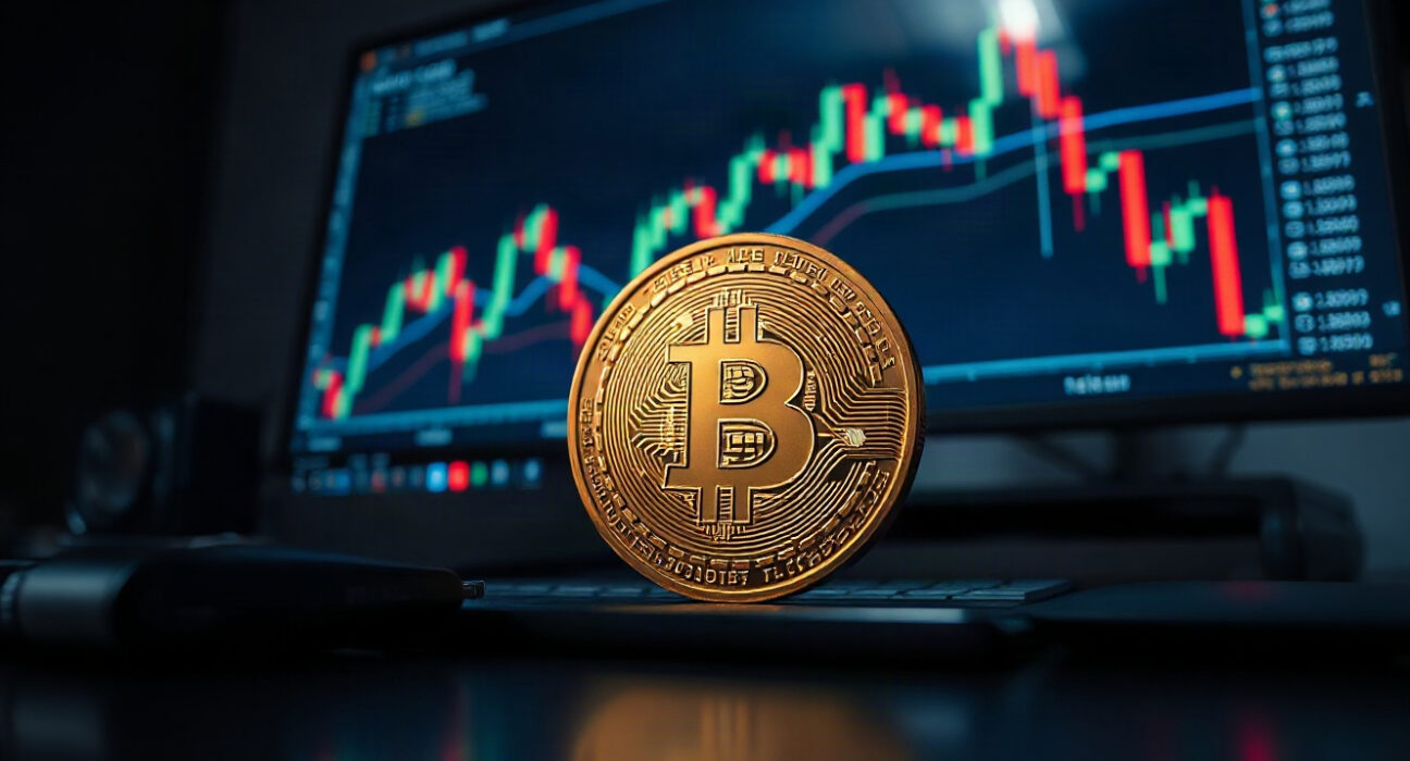 Bitcoin coin in foreground with trading charts in background, representing the price falling below $80,000.