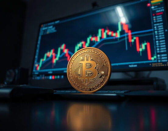 Bitcoin coin in foreground with trading charts in background, representing the price falling below $80,000.