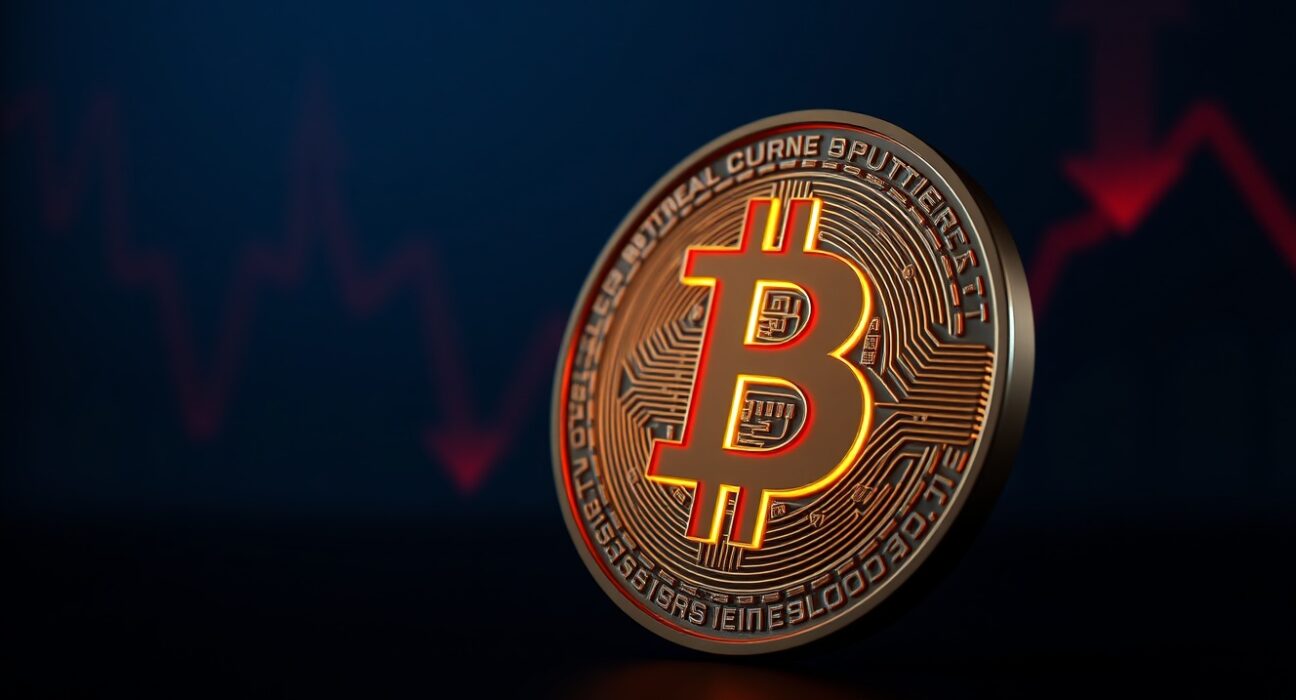 Bitcoin coin icon with red downward arrows symbolizing price drop below $80,000