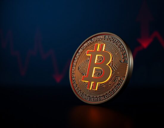 Bitcoin coin icon with red downward arrows symbolizing price drop below $80,000