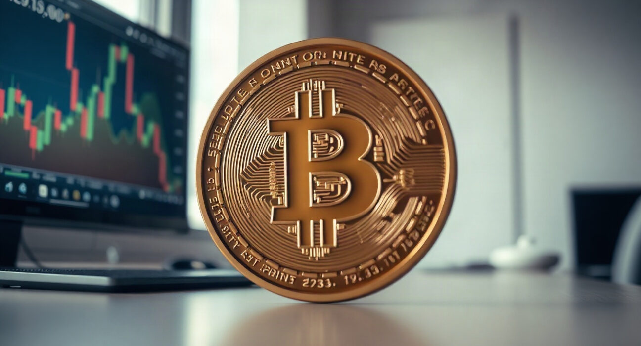 Bitcoin coin in foreground with financial chart in background, representing dual risk and hedge role
