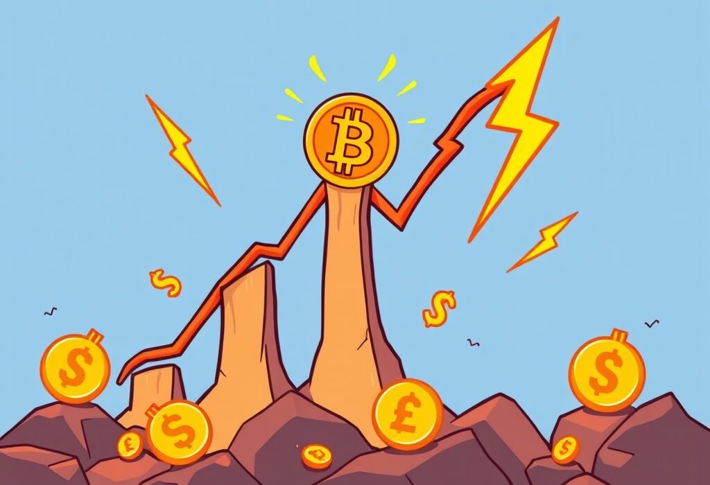 A cartoon illustration showing Bitcoin DVOL surging, representing increased Bitcoin volatility and significant market anticipation.