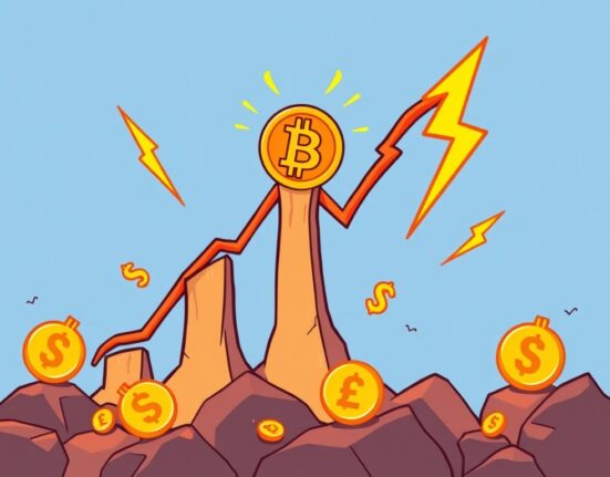 A cartoon illustration showing Bitcoin DVOL surging, representing increased Bitcoin volatility and significant market anticipation.