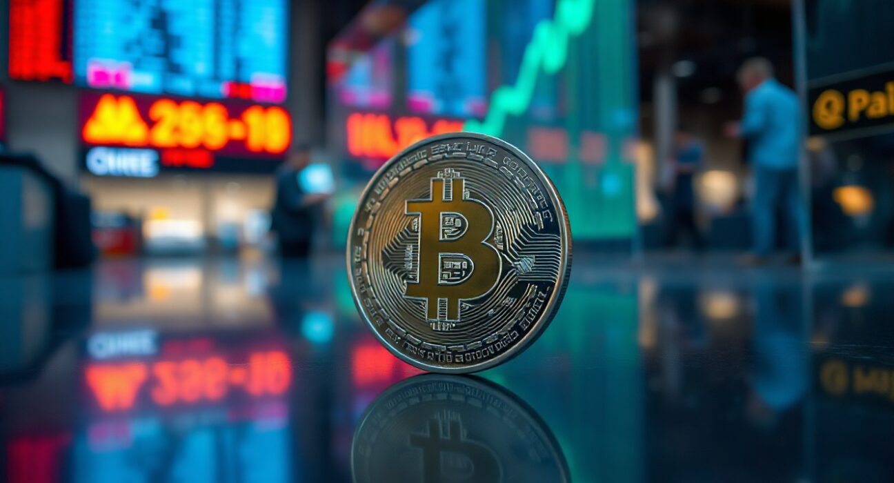 Bitcoin coin on a reflective surface with a subtle price chart in the background