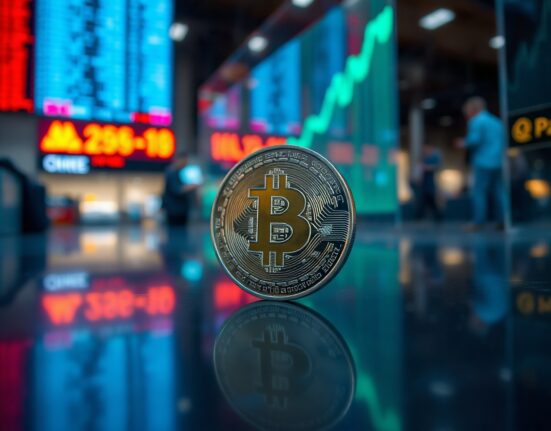 Bitcoin coin on a reflective surface with a subtle price chart in the background