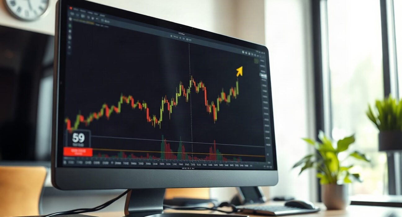 Bitcoin price chart on monitor showing upward trend in a trading office