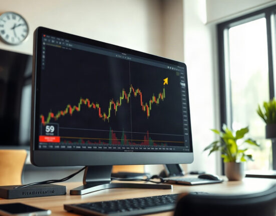 Bitcoin price chart on monitor showing upward trend in a trading office
